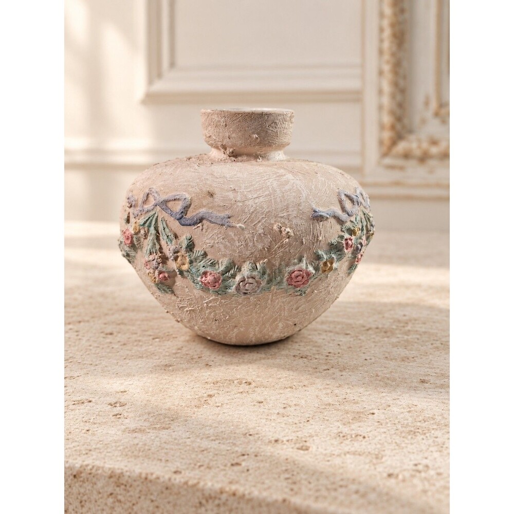 Vintage Round Ceramic Bud Vase Applied Floral Garland Ribbon Shabby Chic 6” Tall